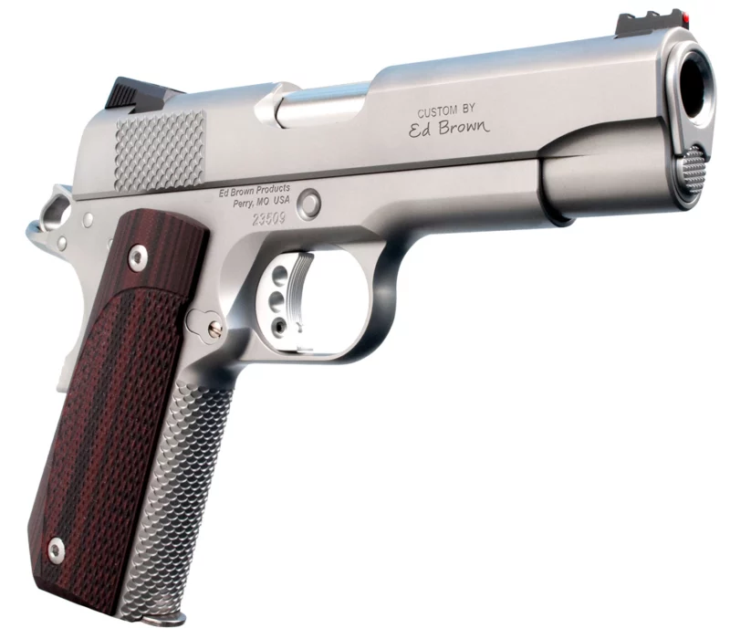Ed Brown KC18SS 1911 Kobra Carry Serrated Frame 45 ACP 7+1 4.25" Stainless Recessed Crown Barrel, Matte Stainless Serrated Steel Slide & Frame, Laminate Wood Grip, Right Hand