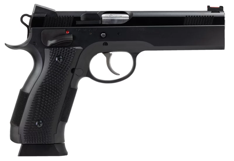 CZ-USA 91731 A01-LD Custom Full Size Frame 9mm Luger 19+1, 4.93" Black Match Grade Bull Steel Barrel, Blued Serrated Steel Slide & Frame w/Beavertail, Black Checkered Grip, Ambidextrous