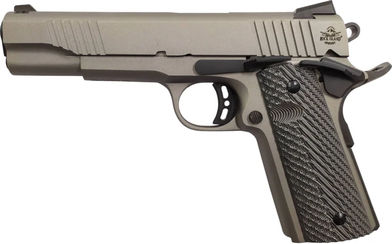 Rock Island 56419 Rock Standard FS *CA Compliant 45 ACP Caliber with 5" Barrel, 8+1 Capacity, Overall Gun Metal Gray Cerakote Finish Steel, Beavertail Frame, Serrated Slide & Black G10 Grip