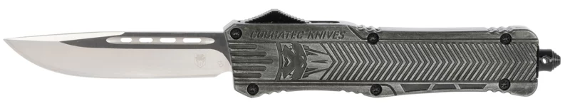CobraTec Knives LSWCTK1LDNS CTK-1 Large 3.75" OTF Drop Point Plain D2 Steel Blade/ Stonewashed Aluminum Handle Features Glass Breaker Includes Pocket Clip
