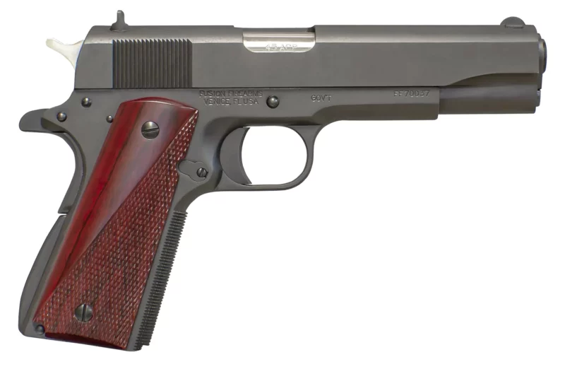 Fusion Firearms 1911GOVERNMENT45 1911 Freedom Government GI 45 ACP 5" 8+1, Black, Beavertail Frame, Serrated Military Style Black Slide, Red Cocobolo Grip, 70 Series Design