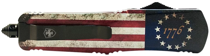 Templar Knife MBRF331 1776 Gen II Slim 3.43" OTF Drop Point Plain Black Oxide Stonewashed Black 440C SS Blade/5.05" Betsy Ross Flag Aluminum Handle Features Glass Breaker Includes Pocket Clip/Sheath