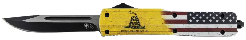 Templar Knife MDTOM331 Don't Tread on Me Gen II Slim 3.50" OTF Drop Point Plain Black 440C SS Blade Red,White,Blue,Yellow Zinc Aluminum Alloy Handle Features Glass Breaker/Pocket Clip