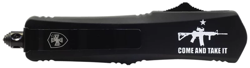 Templar Knife SAR15531 Come And Take It AR-15 Gen II Small 2.69" OTF Tanto Part Serrated Black 440C SS Blade, 4.31" Black w/"Come And Take It" AR-15 Gun Aluminum Handle, Includes Pocket Clip/Sheath