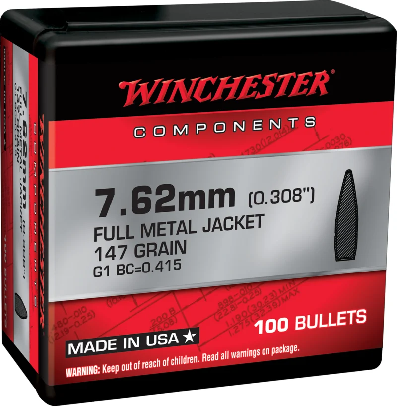 Winchester Ammo WB762M147X Centerfire Rifle 7.62mm 147gr Full Metal Jacket Boat Tail 100 Per Box/10 Case