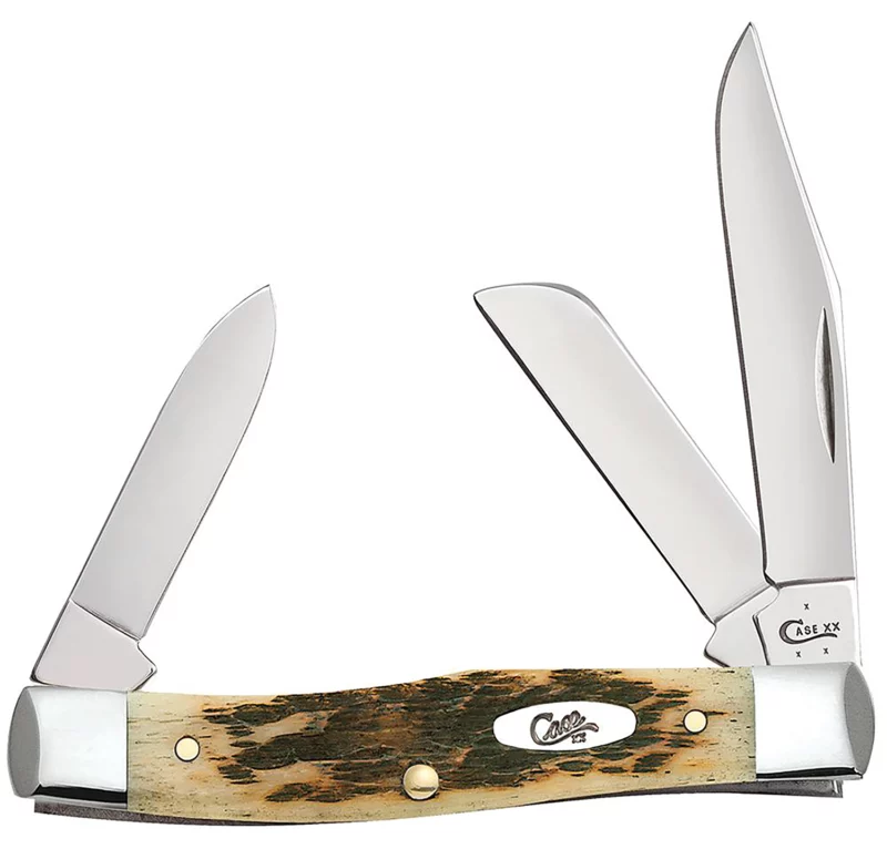 Case 00079 Stockman Medium 2.57"/1.88"/1.76" Folding Clip/Sheepsfoot/Pen Plain Mirror Polished Chrome Vanadium Steel Blade/Peach Seed Jigged Amber Bone Handle
