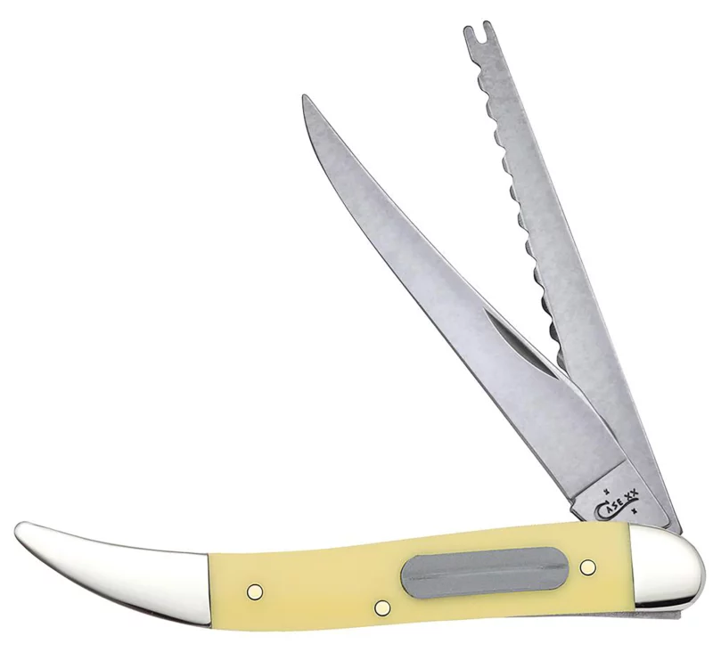 Case 00120 Fishing 3.40" Folding Clip/Fish Scaler Plain/Serrated Tumble Polish Tru-Sharp SS Blade/ Yellow Synthetic Handle