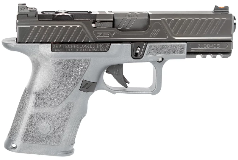 ZEV OZ9C-CPT-COM-G OZ9 Elite Compact 9mm Luger Caliber with 19+1 Capacity, Gray Finish Picatinny Rail Frame, Serrated/Optic Cut Black Stainless Steel Ported Slide & Polymer Grip
