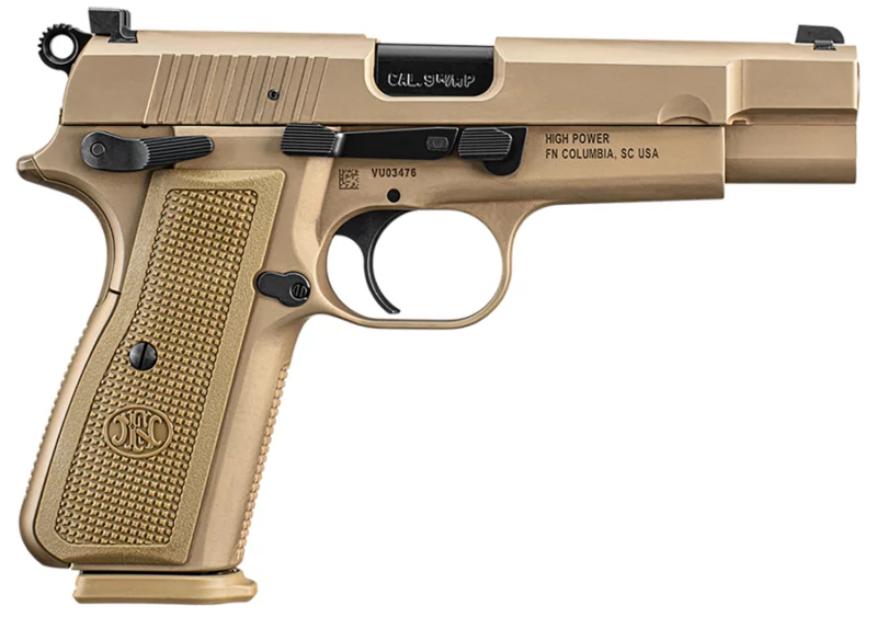 FN 66101117 High Power 9mm Luger 10+1, 4.70" Black Target Crown Steel Barrel, Flat Dark Earth PVD Serrated Steel Slide & Steel Frame w/Beavertail, FDE Textured Polymer Grip, Ambidextrous