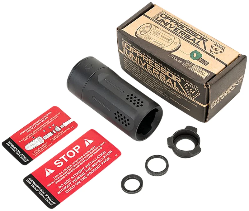 Strike Industries BS-OPPRESSOR-U-BK Oppressor Universal Blast Shield Multi-Cal 3.37"L 1.61"D Black Anodized Steel/Aluminum for Barrels with 1/2" & 5/8" Threads (Max .98"D Barrels)