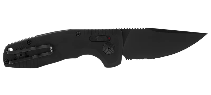 S.O.G SOG-15-38-08 SOG-TAC Auto Compact 2.94" Folding Straight Back Part Serrated Black TiNi Cryo D2 Steel Blade Black Micro-Textured Anodized Aluminum Handle Includes Pocket Clip