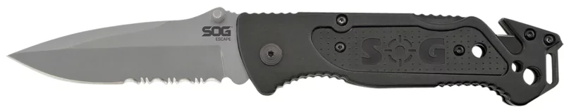 S.O.G SOG-FF24-CP Escape 3.40" Folding Clip Point Part Serrated Bead Blasted 9Cr18MoV SS Blade Black Anodized Aluminum Handle Includes Belt Clip