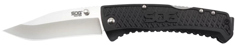 S.O.G SOG-TD1011-C Traction 3.50" Folding Clip Point Plain Satin 5Cr13MoV SS Blade Black Textured GRN Handle Includes Pocket Clip