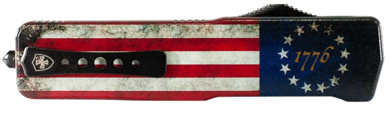 Templar Knife LZBRF321 Premium Weighted Large 3.55" OTF Drop Point Plain Black Oxide Stonewashed Powdered D2 Steel Blade/5.25" Betsy Ross Flag Aluminum Zinc Alloy Handle