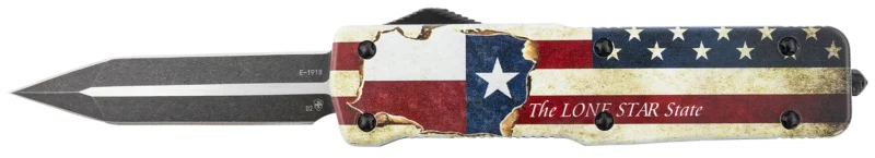 Templar Knife LZTX121 Premium Weighted Large 3.55" OTF Dagger Plain Black Oxide Stonewashed Powdered D2 Steel Blade/5.25" Red/White/Blue w/"The LONE STAR State" Aluminum Zinc Alloy Handle