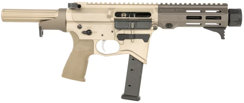 Maxim Defense MXM48173 CPS MD9 9mm Luger Caliber with 5.50" Barrel, Arid Brown Anodized Metal Finish, Black Maxim CQB Brace & Polymer Grip Right Hand