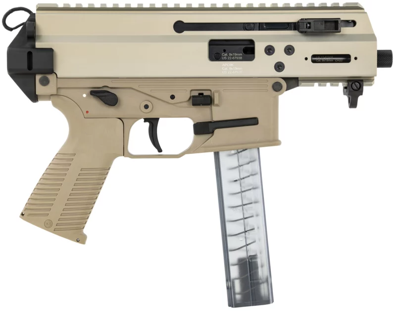 B&T Firearms 36176502CT APC9K 9mm Luger 30+1 4.30" Black Steel Barrel, Coyote Tan Picatinny Rail Receiver, Brace Adapter, Coyote Polymer Grips, Ambidextrous
