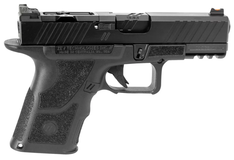 ZEV OZ9CDUTYSS OZ9 Duty Compact 9mm Luger 15+1 4", Black, Serrated Stainless Steel Slide with Optic Cut, Polymer Frame with Picatinny Rail, Fiber Optic Combat Sights