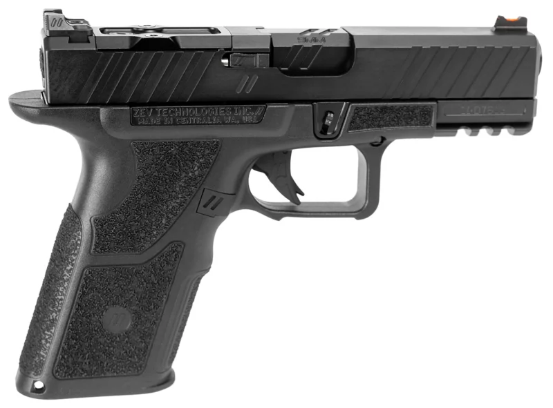 ZEV OZ9XDUTYSS OZ9 Duty Compact X 9mm Luger 17+1 4", Black, Serrated Stainless Steel Slide with Optic Cut, X-Grip Polymer Frame with Picatinny Rail, Fiber Optic Combat Sights