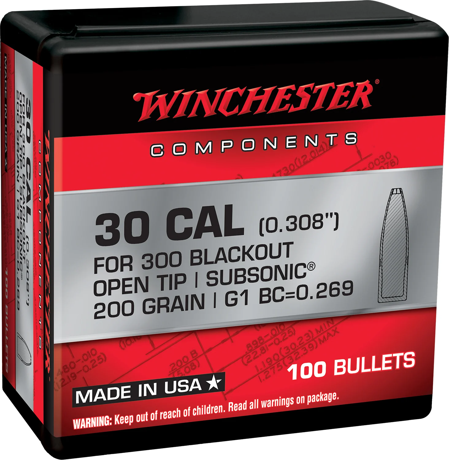 Winchester Ammo WB300B200X 300Blackout 200gr Open Tip 100 Per Box/10 Case
