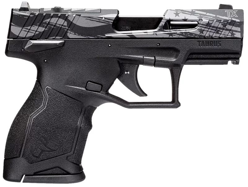 Taurus 1TX22131US5 TX22C T.O.R.O. Compact Frame 22 LR 13+1 3.60" Matte Black Threaded Barrel, Engraved Distressed USA Flag Optic Ready/Serrated Slide, Black Polymer Frame