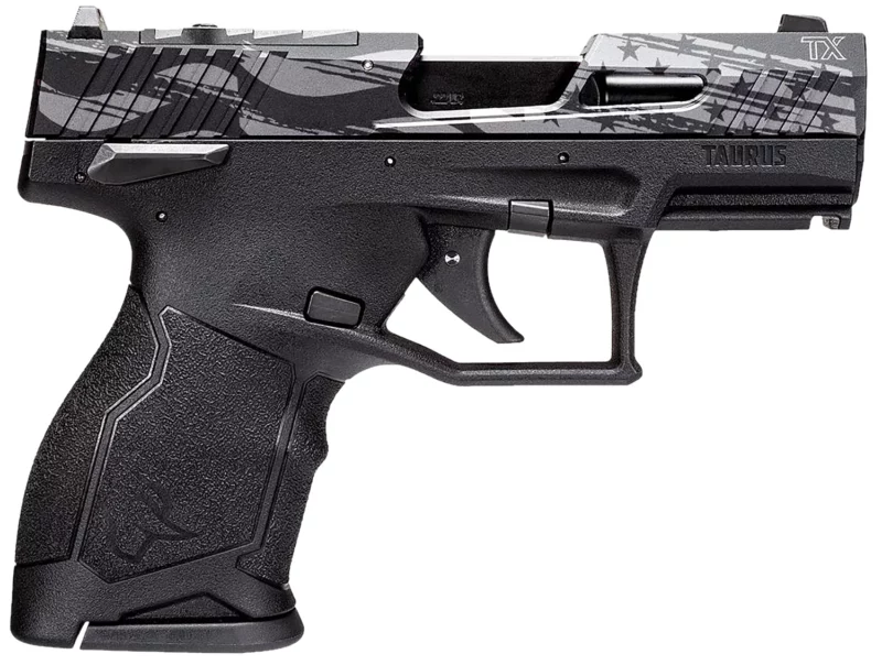 Taurus 1TX2213110US5 TX22C T.O.R.O. Compact Frame 22 LR 10+1 3.60" Matte Black Threaded Barrel, Engraved Distressed USA Flag Optic Ready/Serrated Slide, Black Polymer Frame