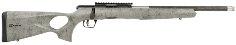 Savage Arms 70818 B Series TimberLite 17 HMR 10+1 18" Black Threaded Carbon Fiber/SS Barrel, Black Picatinny Rail Steel Receiver, Gray w/Black Webbing Synthetic Fixed Thumbhole Stock