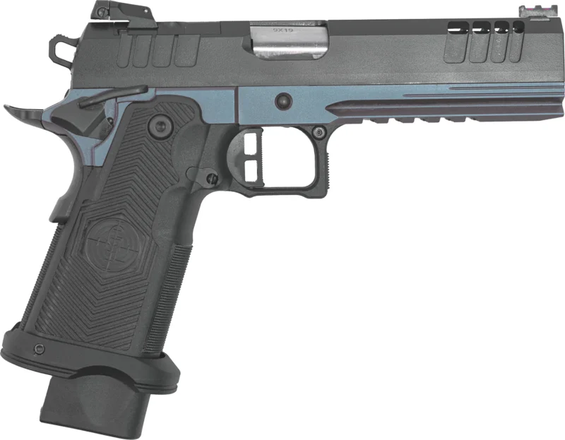Great Lakes Firearms GL1911DS9FSSBLU 1911 DS Synergy 9mm Luger 20+1 5" Optic Cut/Serrated Cerakote Black Molded Grip Blue Titanium Frame