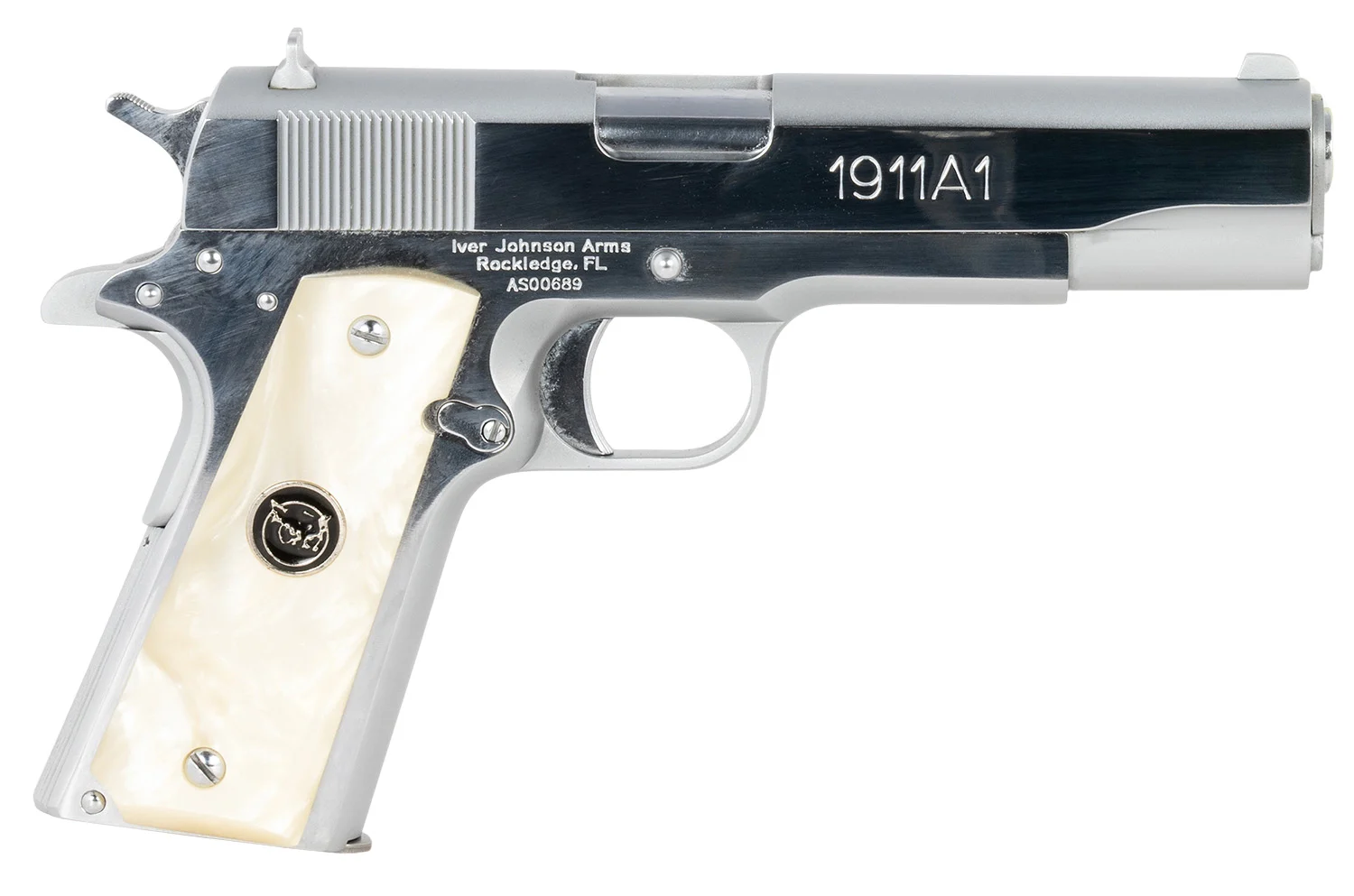 Iver Johnson Arms 1911A138CHRWP 38 Super 8+1 5" Stainless Steel Barrel, Bright Polish Chrome Serrated Stainless Steel Slide, Pearl Grips