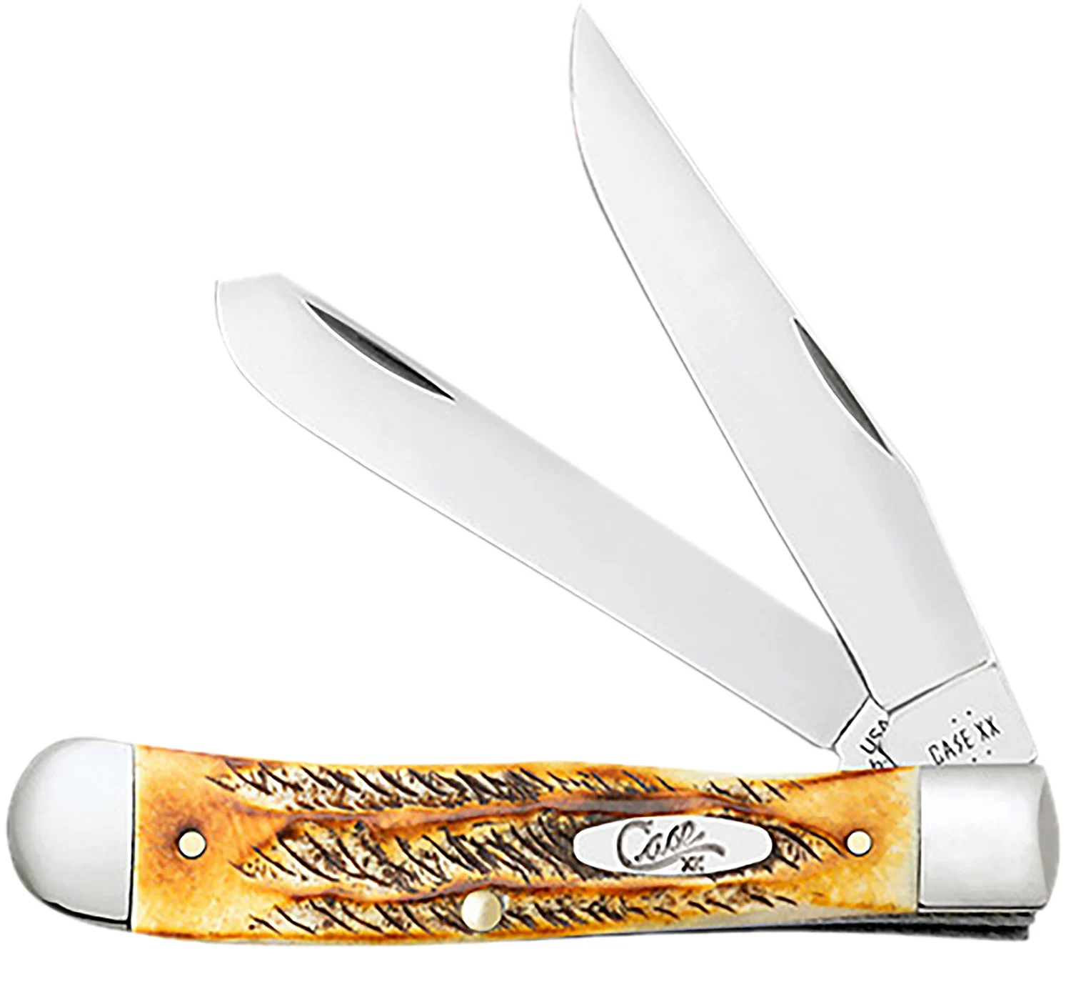 Case 65345 Trapper 3.25" Folding Clip Point/Spey Plain Mirror Polished Tru-Sharp SS Blades, Burnt Dark Amber 6.5 BoneStag Handle, Includes Pocket Clip
