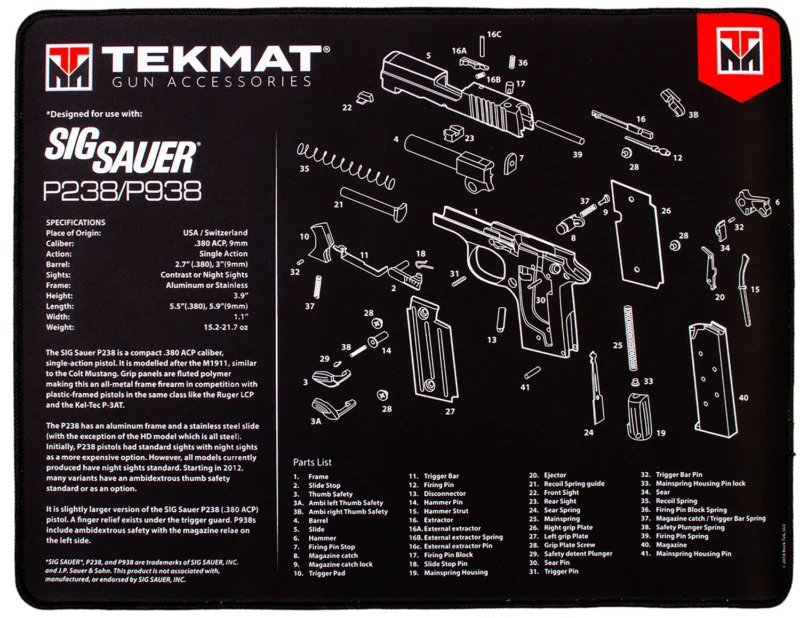 TekMat TEKR20SIGP238 Sig Sauer P238 Ultra 20 Cleaning Mat Black/White Rubber 15" x 20"
