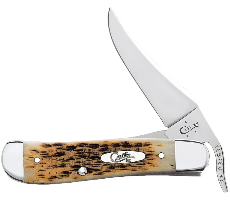 Case 0260 6 RussLock 2.70" Folding RussLock Clip Plain Mirror Polished Tru-Sharp SS Blade/Peach Seed Jigged Amber Bone Handle