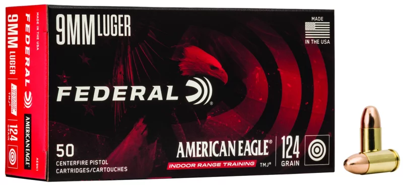 Federal AE9N1 American Eagle Indoor Range Training 9mmLuger 124gr Total Metal Jacket 50 Per Box/20 Case