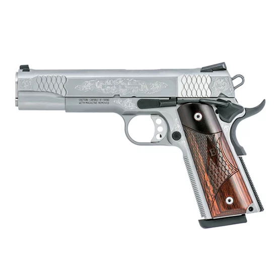 SW SCROLL ENGRAVED 1911 45ACP 5 SS WOODEN CASE