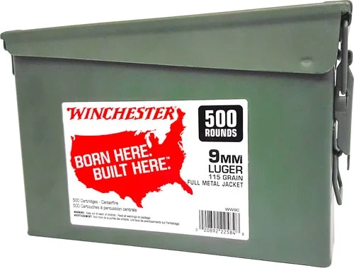WINCHESTER 9MM LUGER 115GR FMJ - RN CASE OF (2) 500RD AMMO CANS